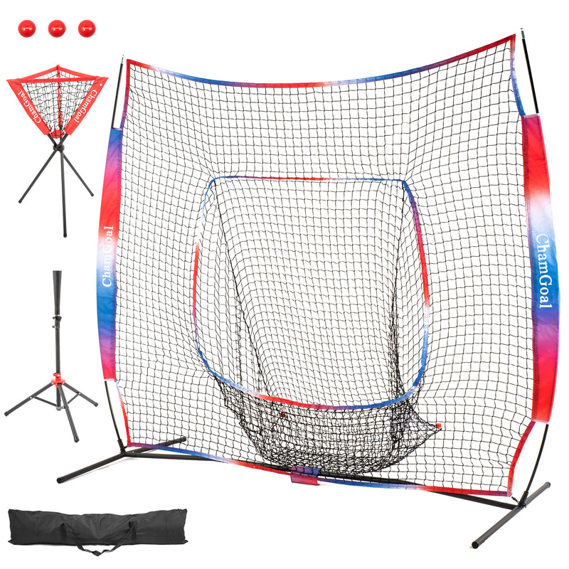 Load image into Gallery viewer, 7' x 7' Baseball Softball 4-in-1 Combo with Net, Tee, Red Ball Caddy, and Balls