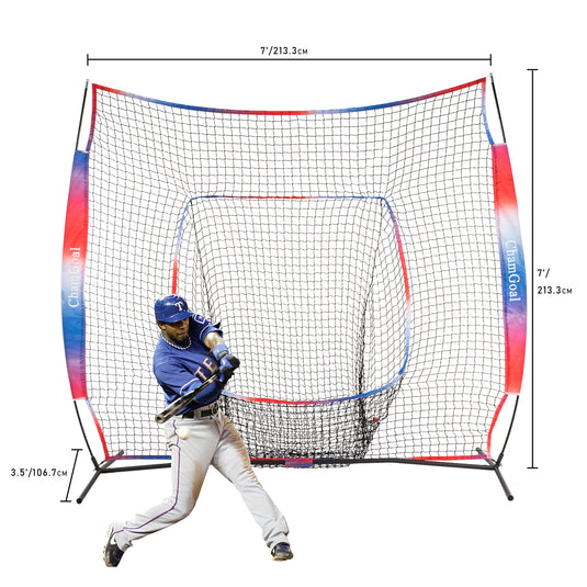 Upgraded 7' x 7' Baseball Softball Net for Hitting and Pitching size demonstration