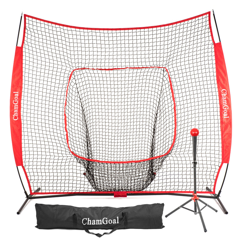 Load image into Gallery viewer, 7' x 7' Baseball & Softball Tee and Net Combo red