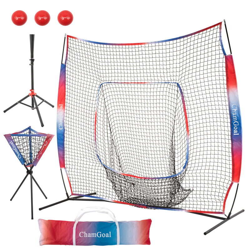 Load image into Gallery viewer, 7' x 7' Baseball Softball 4-in-1 Combo with Net, Tee, Ball Caddy, and Balls