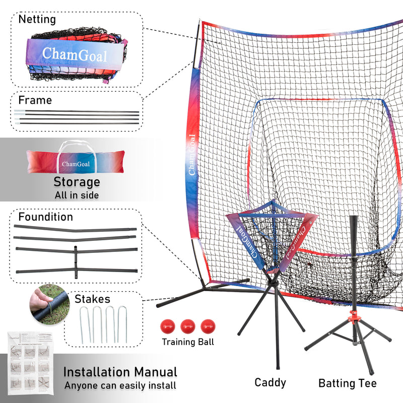 Load image into Gallery viewer, 7' x 7' Baseball Softball 4-in-1 Combo Package includes net, frame, FRP poles, ground pegs, manual, batting tee, ball caddy, three training balls, and carrying bag