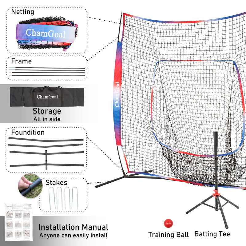 Load image into Gallery viewer, 7' x 7' Baseball & Softball Tee and Net Combo Package includes net, frame, FRP poles, ground pegs, manual, batting tee, training ball, and carrying bag