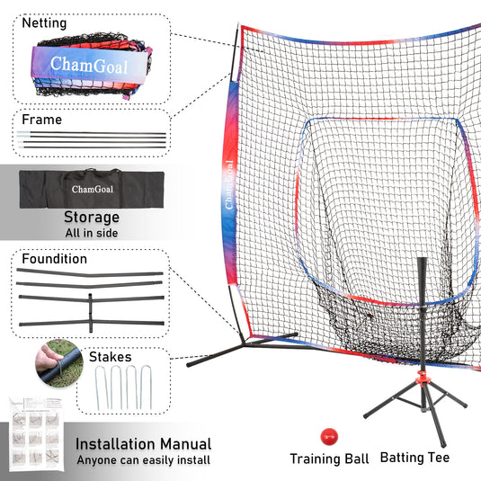7' x 7' Baseball & Softball Tee and Net Combo Package includes net, frame, FRP poles, ground pegs, manual, batting tee, training ball, and carrying bag