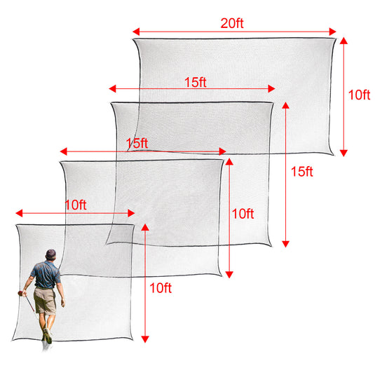 We offer 10 by 10, 10 by 15, 15 by 15, and 10 by 20 Golf Practice Hitting Net