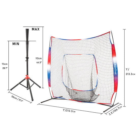 7' x 7' Baseball & Softball Tee and Net Combo size demonstration