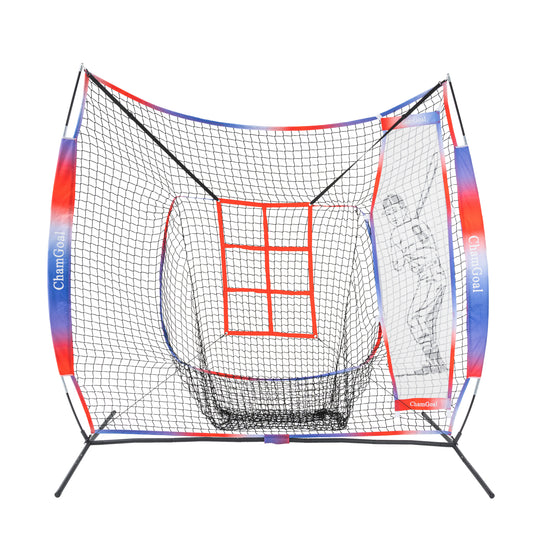 Compact Transport 7' x 7' Baseball Softball Net for Hitting and Pitching with Strike Zone and Dummy Batter