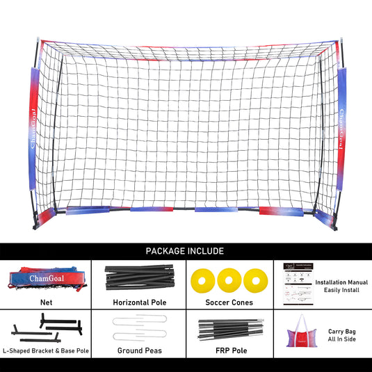 8' x 5' Portable Soccer Goal Net Package includes net, frame, FRP poles, ground pegs, manual, and carrying bag