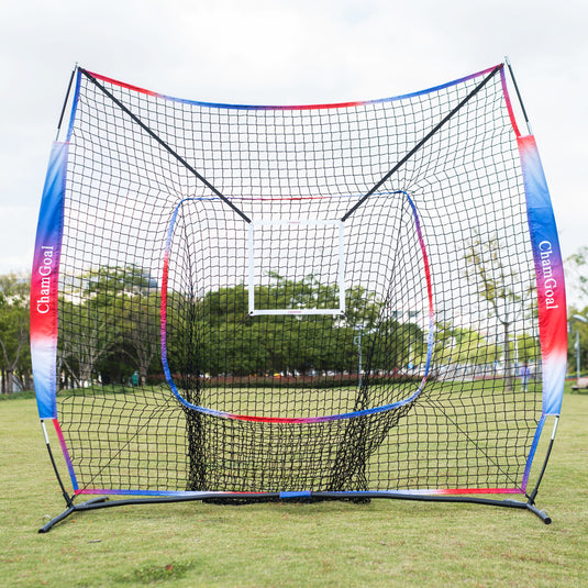 White Adjustable Strike Zone Target on a baseball net on the field