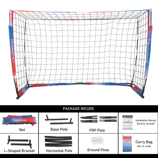 6' x 4' Portable Soccer Goal Net Package includes net, frame, FRP poles, ground pegs, manual, and carrying bag