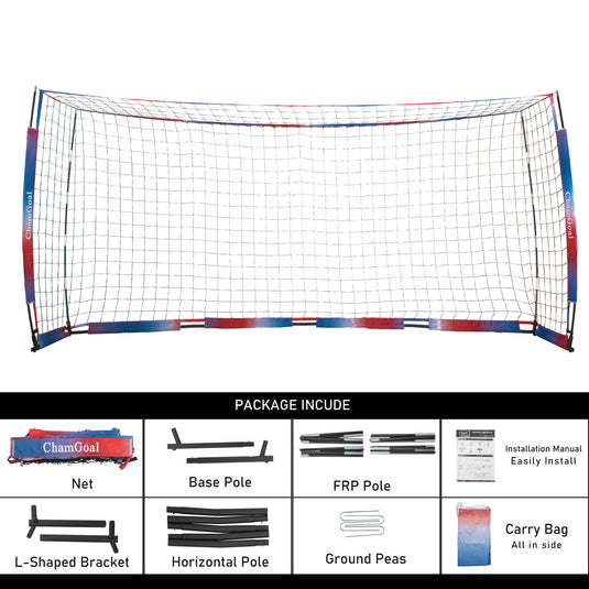 12' x 6' Portable Soccer Goal Net Package includes net, frame, FRP poles, ground pegs, manual, and carrying bag