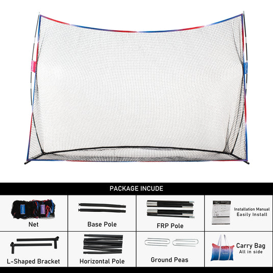 10' x 7' Golf Practice Hitting Net Package includes net, frame, FRP poles, ground pegs, manual, and carrying bag