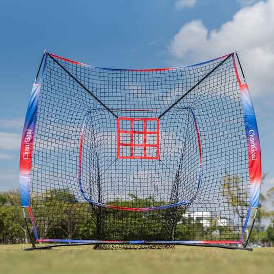 Adjustable Strike Zone Target on a baseball net on the field