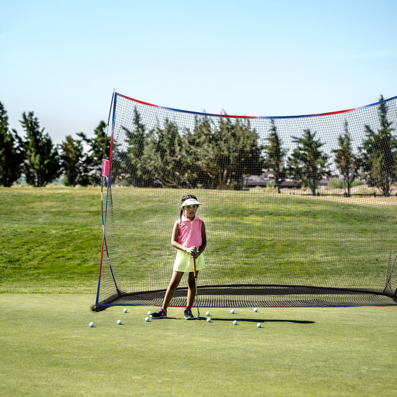 Load image into Gallery viewer, Little girl playing golf with 10&#39; x 7&#39; Golf Practice Hitting Net
