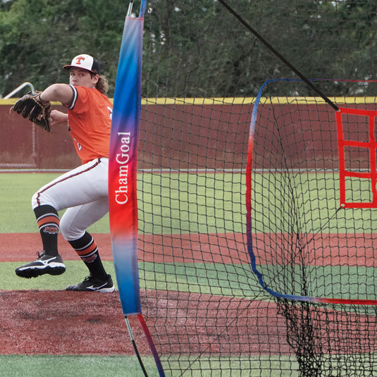 Pitcher pitching into a baseball net with the Adjustable Strike Zone Target
