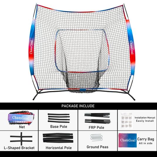 Upgraded 7' x 7' Baseball Softball Net Package includes net, frame, FRP poles, ground pegs, manual, and carrying bag